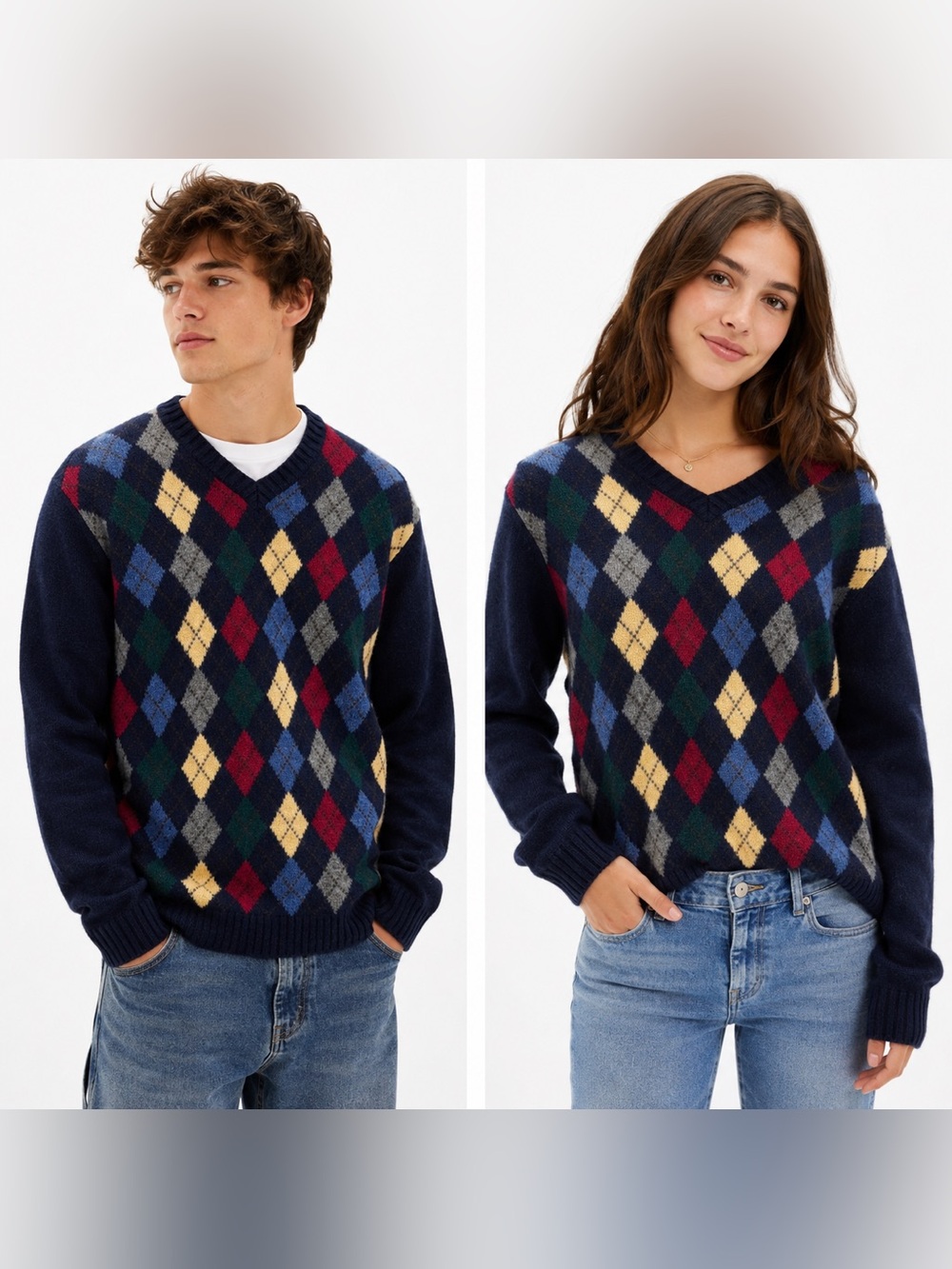 Vintage 90s Gap Shetland Wool Argyle Sweater Men’s M Navy Blue V-Neck Academia